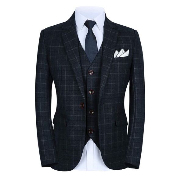 Men’s Mogu Plaid 3 Piece Formal Suit Notch Lapel Jacket 36 Pants 33 NWT - Picture 3 of 14